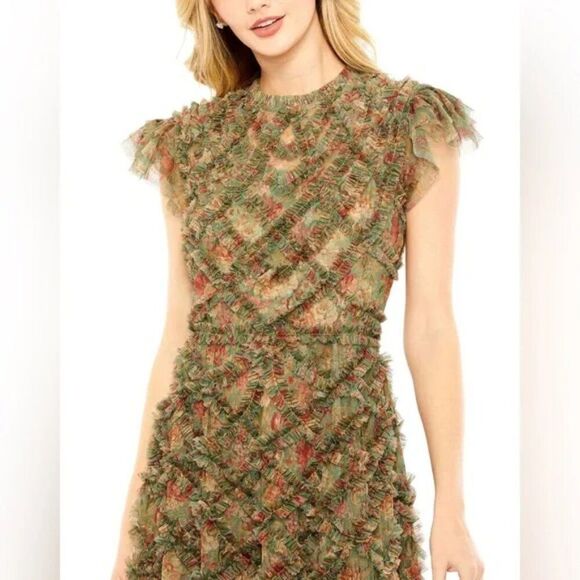 Mac Duggal 8009 Womens Size 16 Green High Neck‎ Ruffle Cap Sleeve Floral Dress - Picture 3 of 5